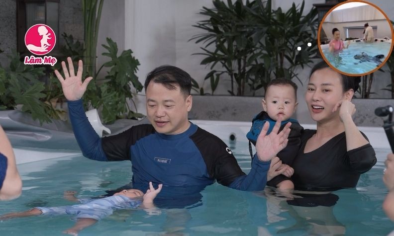 Phương Oanh cho cặp song sinh tập bơi từ sớm: Bố mẹ tranh luận trái chiều